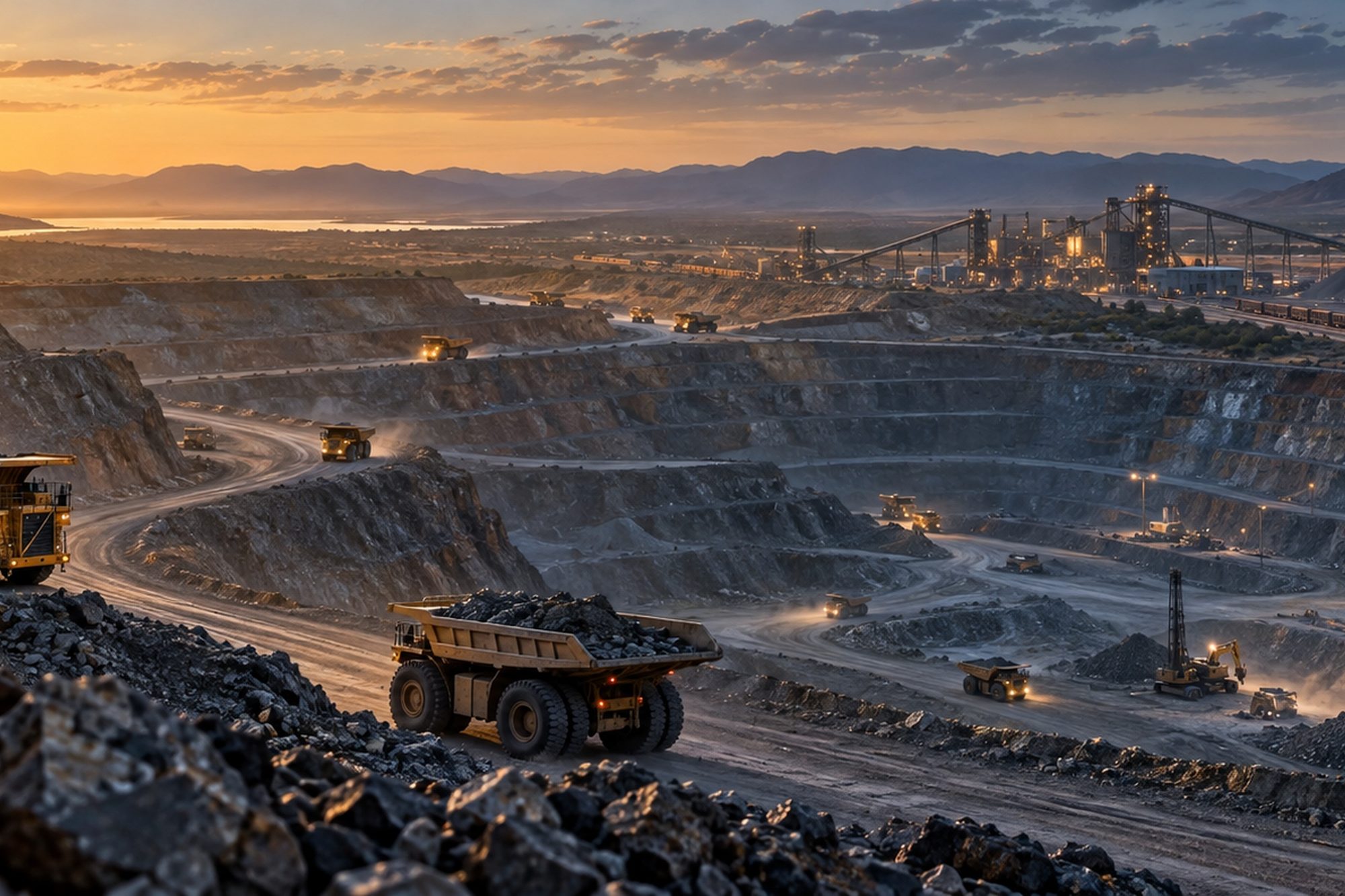 Open-pit mining operation at sunrise