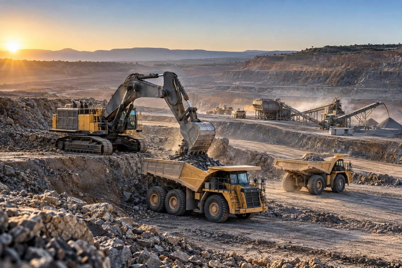 Excavator loading haul trucks in an open pit